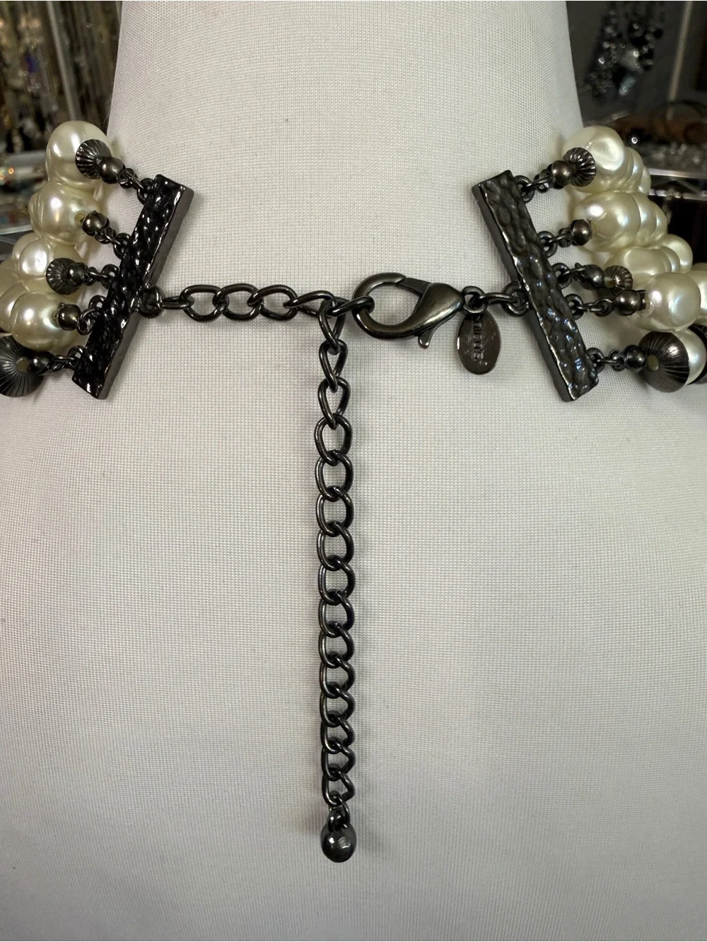 Vintage Chico's Dark Silver Tone 5-Strand Baroque Faux Pearl Statement Necklace
